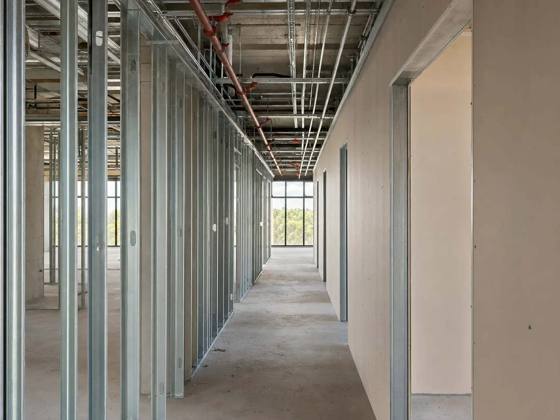 Steel stud framing beside hung gypsum board in an unfinished commercial corridor