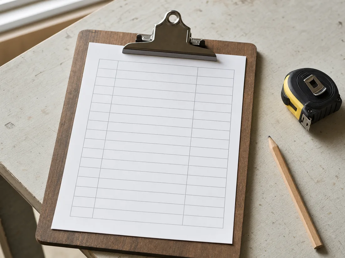 Blank ruled estimate form on a clipboard beside a pencil and a tape measure