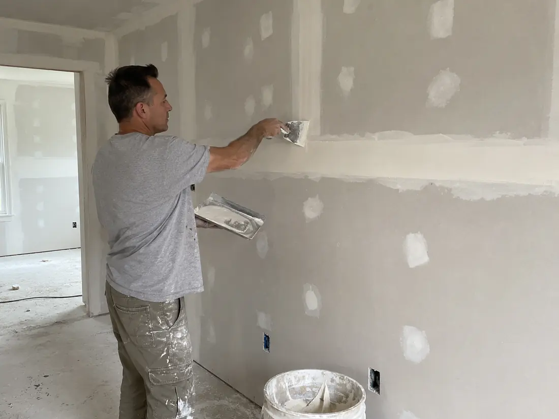 Drywall tape being bedded into joint compound