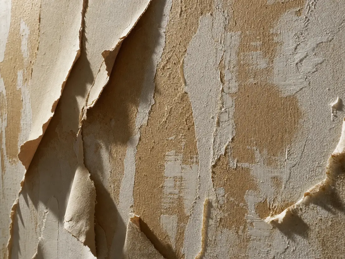 Wallpaper peeled back to expose torn drywall paper face and dried adhesive residue