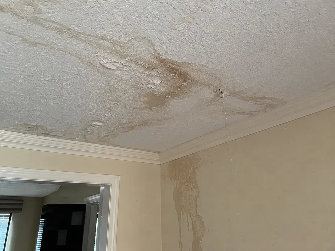 Brown water stain ring on a drywall ceiling